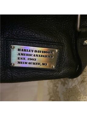 Harley-Davidson Teal and Orange Logo-Print Leather Bag Interior